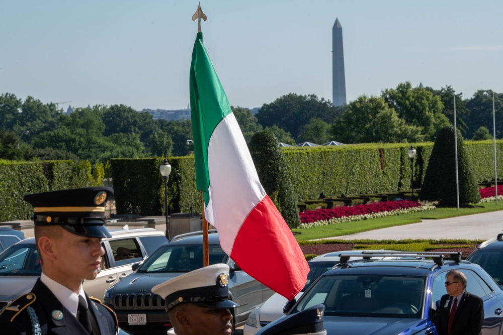 Secretary of Defense Lloyd J. Austin III and Italian Minister of Defense Lorenzo Guerini engage in a bilateral exchange