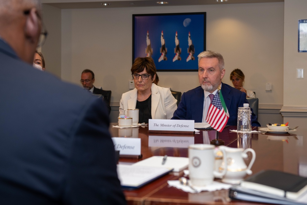Secretary of Defense Lloyd J. Austin III and Italian Minister of Defense Lorenzo Guerini engage in a bilateral exchange