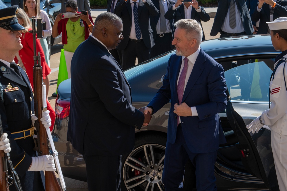 Secretary of Defense Lloyd J. Austin III and Italian Minister of Defense Lorenzo Guerini engage in a bilateral exchange