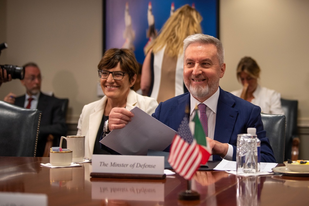 Secretary of Defense Lloyd J. Austin III and Italian Minister of Defense Lorenzo Guerini engage in a bilateral exchange