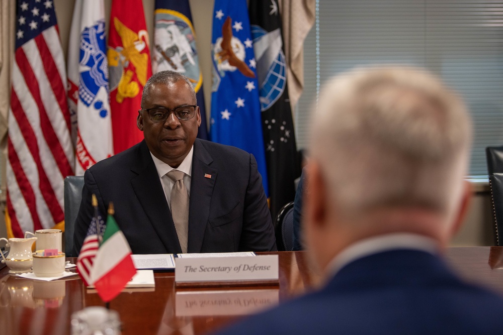 Secretary of Defense Lloyd J. Austin III and Italian Minister of Defense Lorenzo Guerini engage in a bilateral exchange