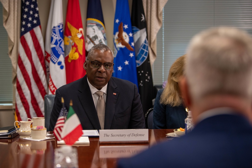Secretary of Defense Lloyd J. Austin III and Italian Minister of Defense Lorenzo Guerini engage in a bilateral exchange