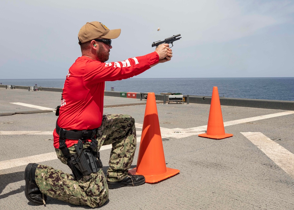 USS Hershel &quot;Woody&quot; Williams (ESB 4) conducts a small-arms weapon qualification.