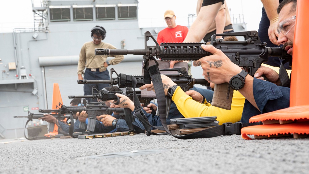 USS Hershel &quot;Woody&quot; Williams (ESB 4) conducts a small-arms weapon qualification.