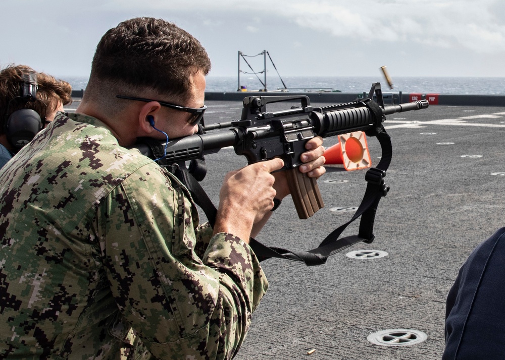 USS Hershel &quot;Woody&quot; Williams (ESB 4) conducts a small-arms weapon qualification.