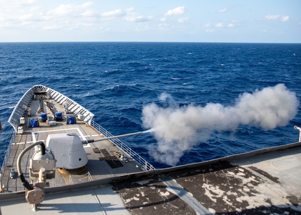 USS Leyte Gulf conducts live-fire exercises.