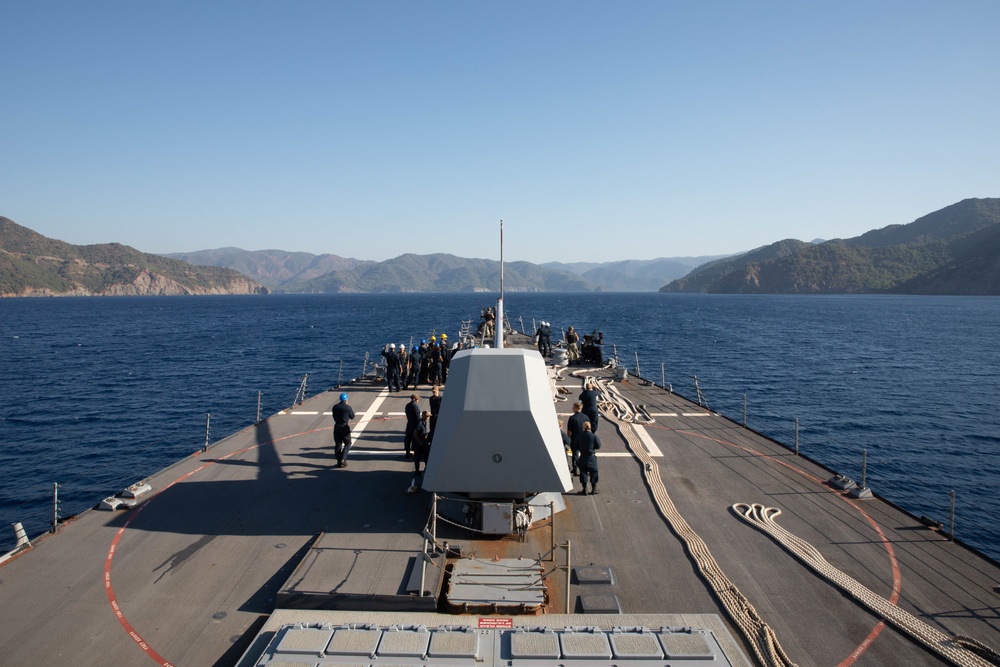 The USS Bainbridge is on a scheduled deployment in the U.S. Naval Forces Europe area of operations, employed by U.S. Sixth Fleet to defend U.S., Allied and Partner interests.