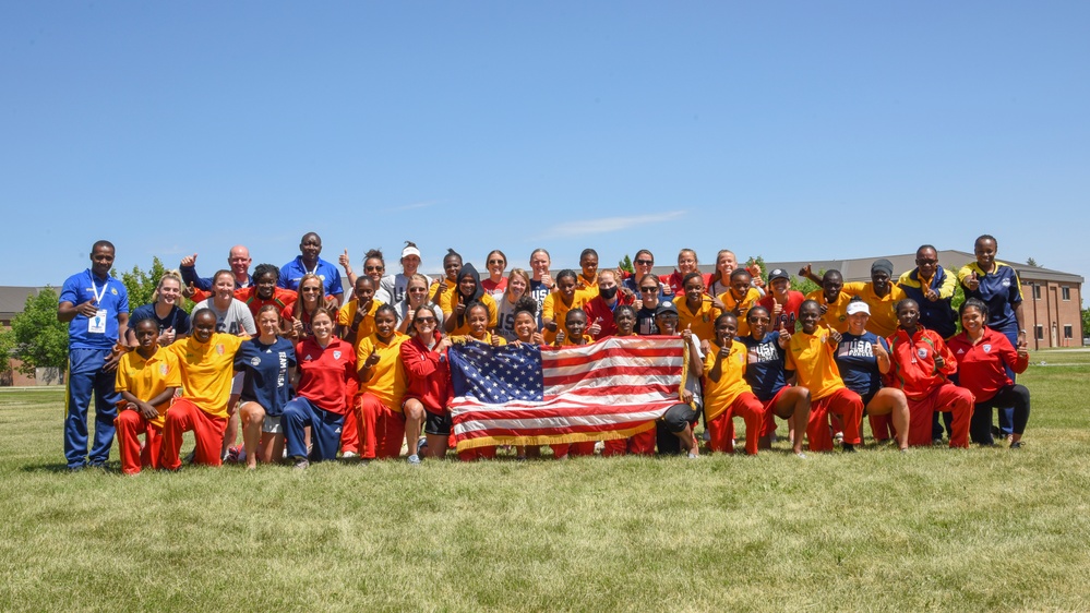 United States Military Women's Soccer Team; Mali Military Women's Soccer Team pose for a photo