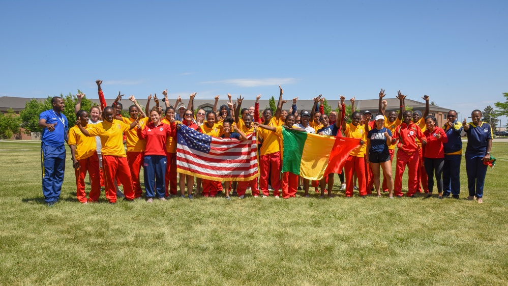 United States Military Women's Soccer Team; Mali Military Women's Soccer Team pose for a photo