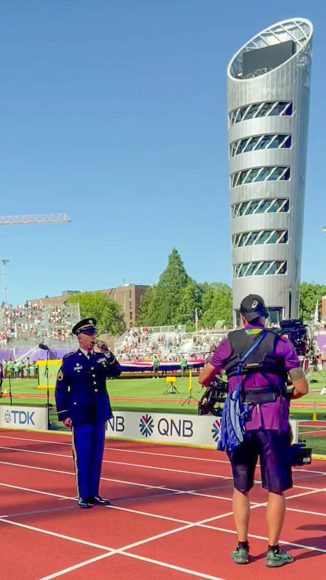 Oregon Army National Guard Soldier sings National Anthem at World Track and Field Championships