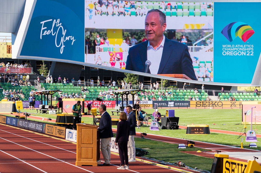 Second Gentleman of US speaks to crowd at World Track and Field Championships