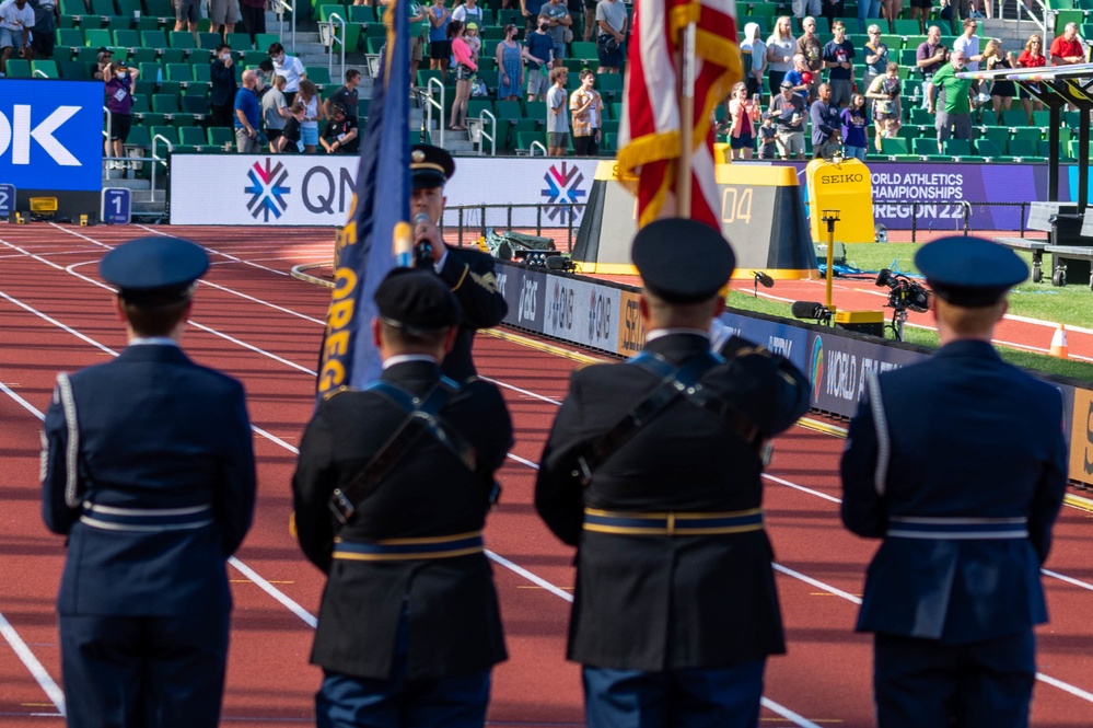 Oregon Army National Guard Adjutant General's Color Guard present colors, sing National Anthem at World Track and Field Championships