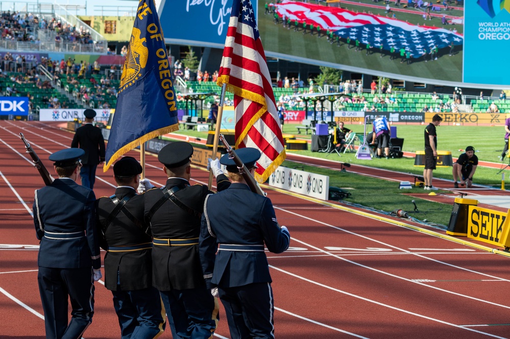 Oregon National Guard Adjutant General's Color Guard presents colors at World Track and Field Championships