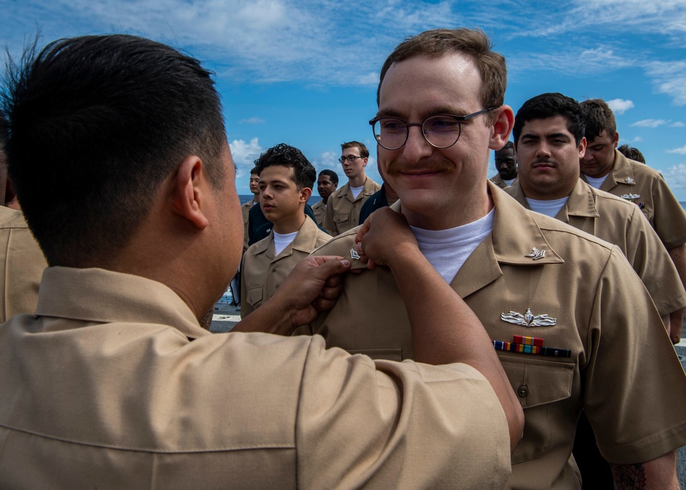 Gridley conducts a promotion ceremony on the flight deck