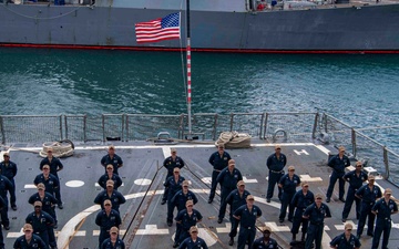 Gridley's weapons department conducts an all hands call on the flight deck