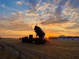 Sun rises over Patriot missile launcher in Slovakia