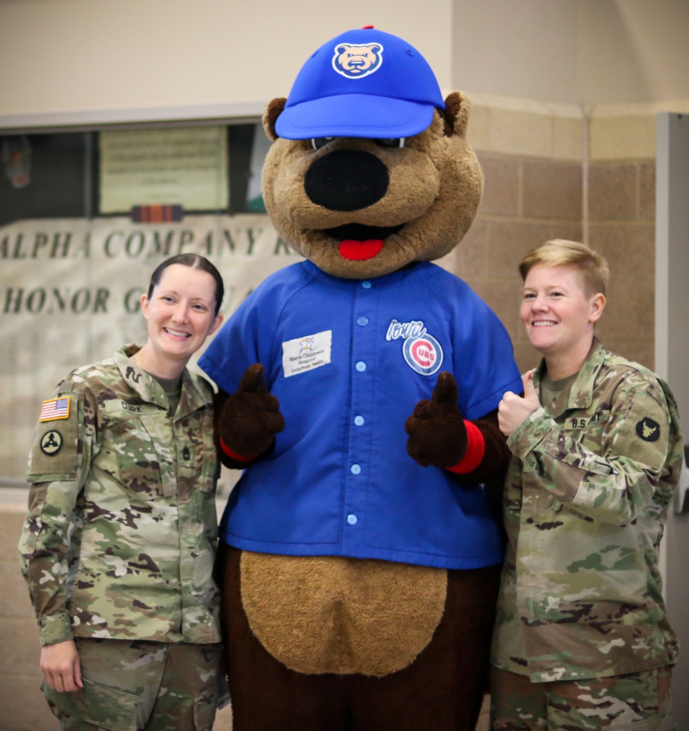 Cubbie Bear gives free tickets to Iowa Soldiers at Camp Dodge