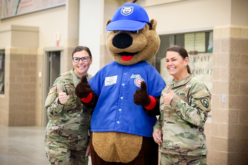 Cubbie Bear gives free tickets to Iowa Soldiers at Camp Dodge