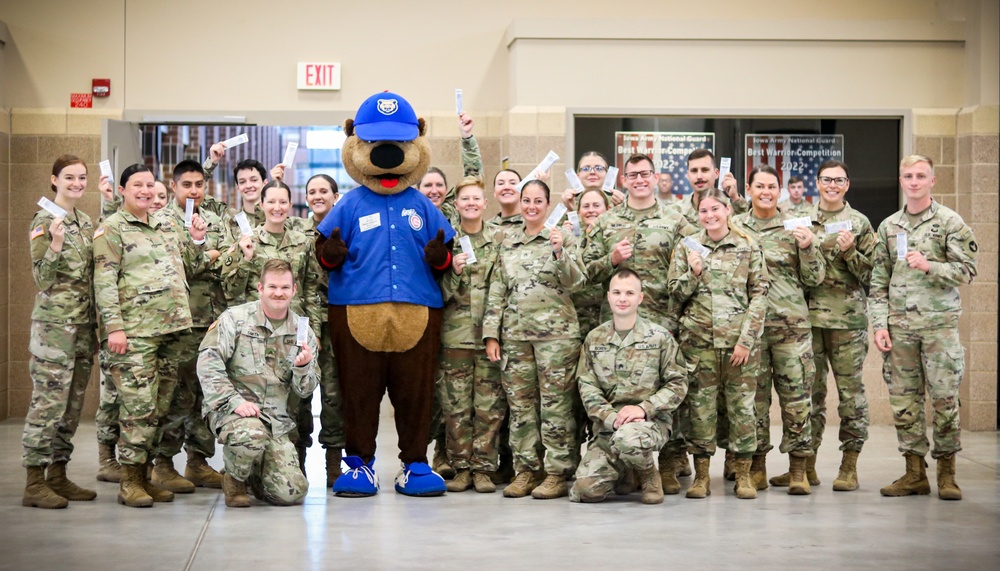 Cubbie Bear gives free tickets to Iowa Soldiers at Camp Dodge