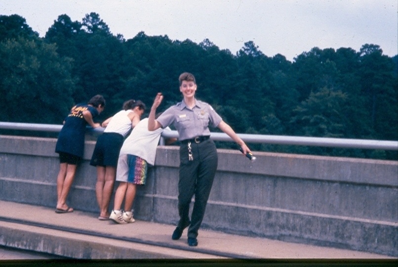 Ranger Lisa Owens from the Nimrod Lake Project Office overlooking the dam