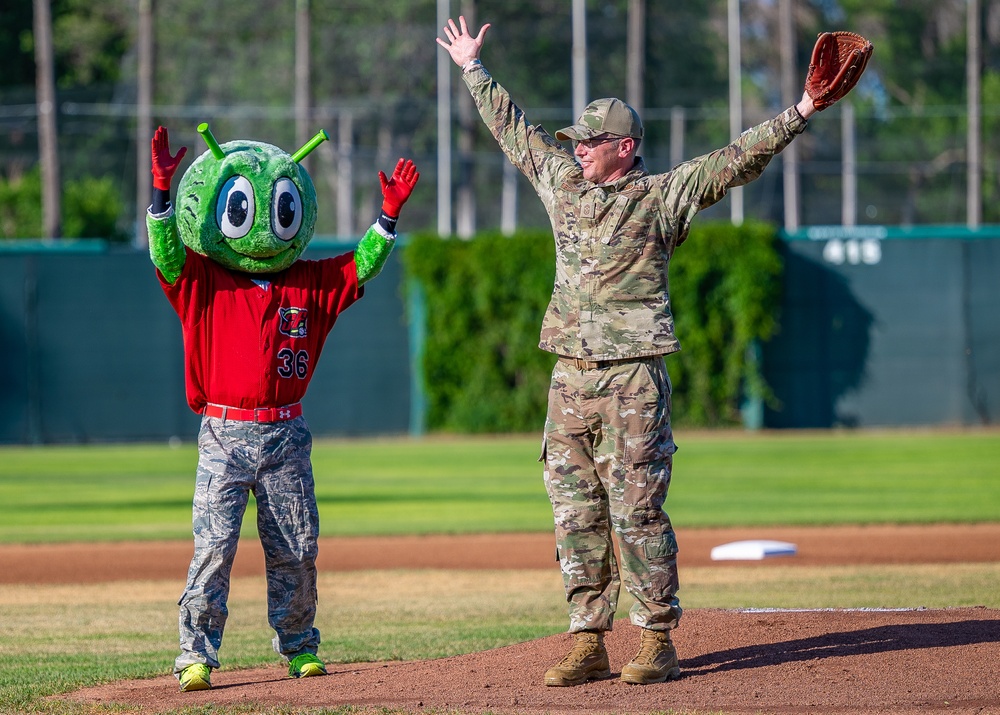 Malmstrom command chief throws Voyagers game first pitch