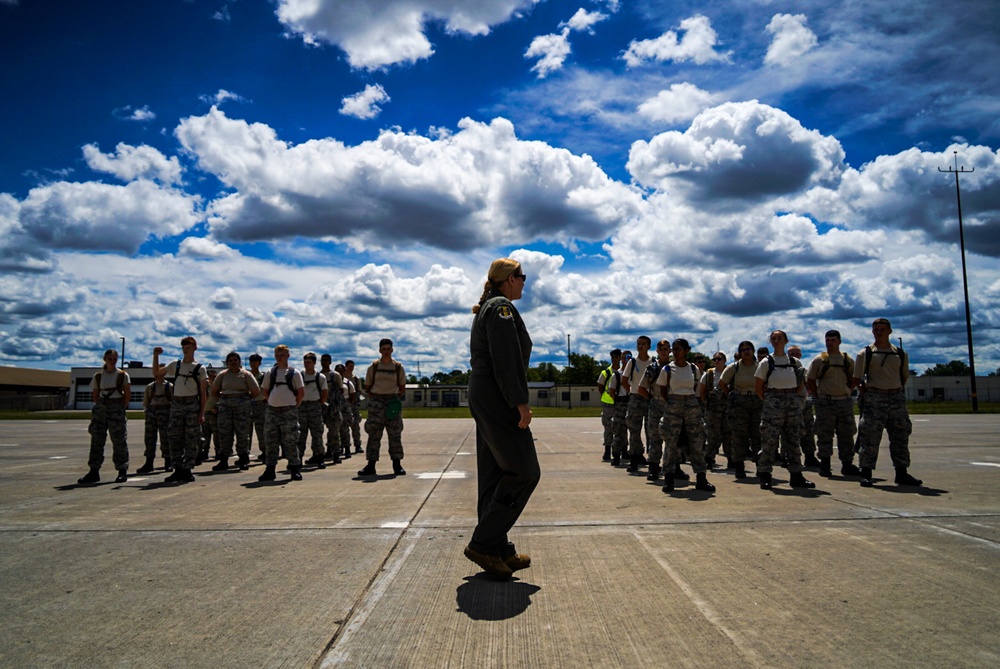 Wing commander speaks to two formations of Civil Air Patrol cadets