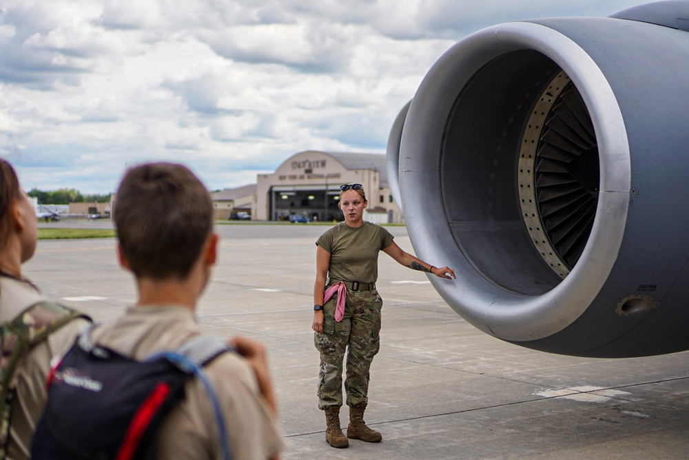 Crew chief teaches Civil Air Patrol cadets about the engine of the KC-135