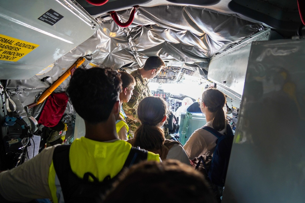 Pilot shows Civil Air Patrol cadets the cockpit of a KC-135