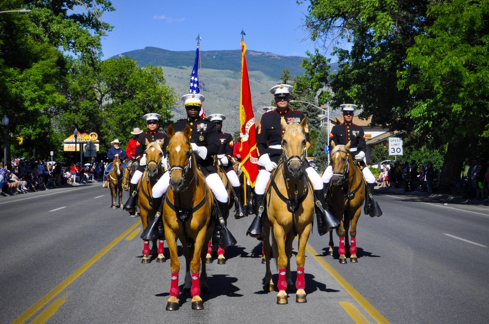 Marine Corps Mounted Color Guard Rides in the Cody Stampede Parade