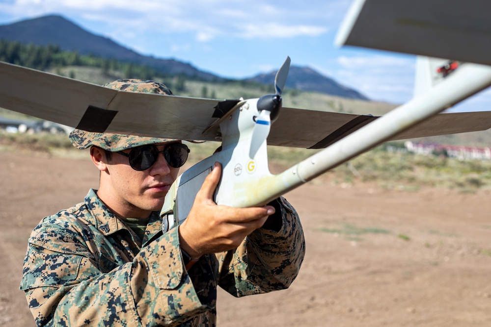 Raven Flying High | U.S. Marines with 1st Battalion, 24th Marine Regiment assemble and launch a Raven-B RQ-11 drone at Mountain Warfare Training Center