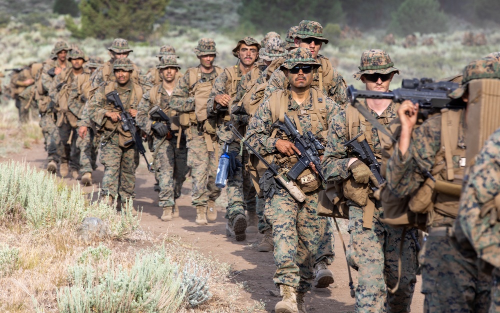 The Final Descent | U.S. Marines with 1st Battalion, 24th Marine Regiment finish Mountain Training Exercise 4-22 with a hike down the mountains at Mountain Warfare Training Center