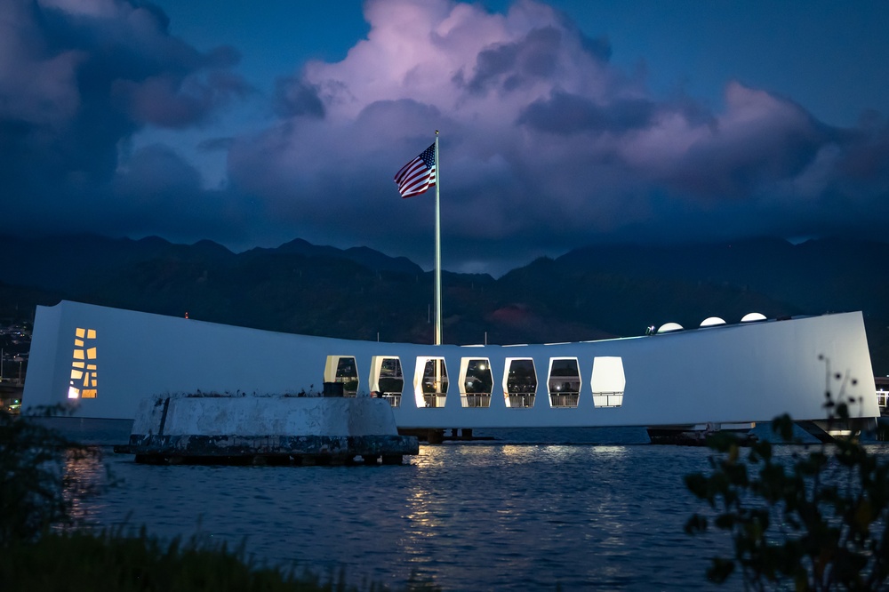 Sun sets on USS Arizona Memorial, Pearl Harbor during RIMPAC 2022