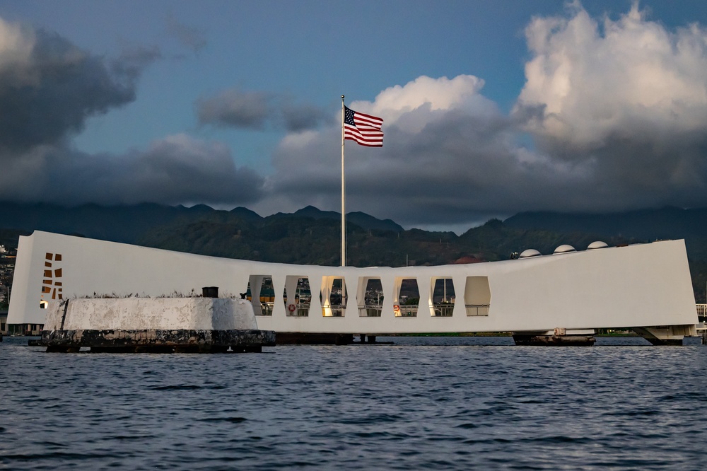 Sun sets on USS Arizona Memorial, Pearl Harbor during RIMPAC 2022