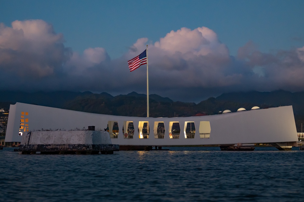 Sun sets on USS Arizona Memorial, Pearl Harbor during RIMPAC 2022