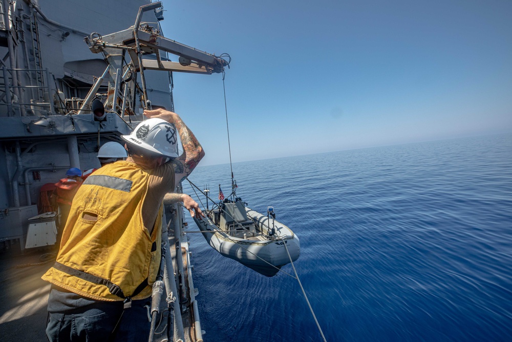 San Jacinto Sailors Conducts Boat Operation in the Mediterranean Sea