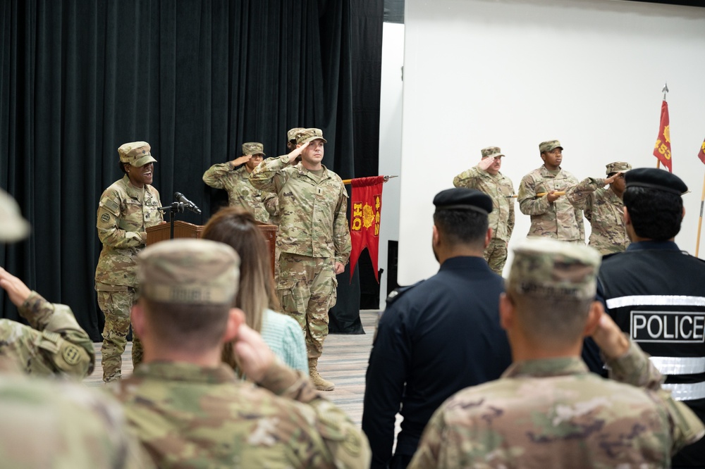 U.S. Service Member and Guest Stand for National Guard Anthem During 462nd MCB Tranfer of Authority