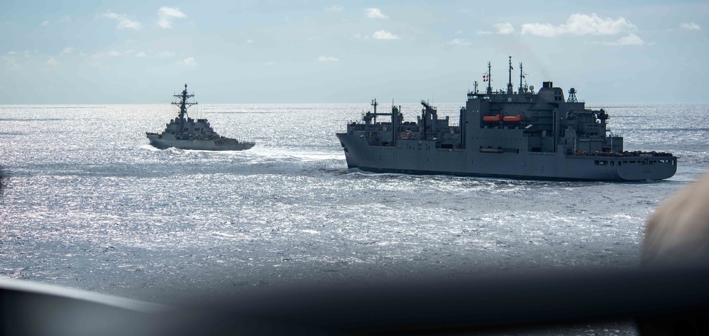 USS Ronald Reagan (CVN 76) conducts replenishment-at-sea with USNS Carl Brashear (T-AKE 7)