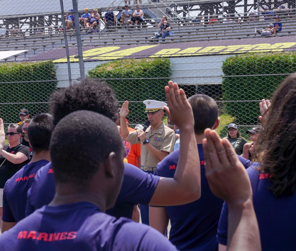Marine Corps Poolees swear in at the Pocono Raceway