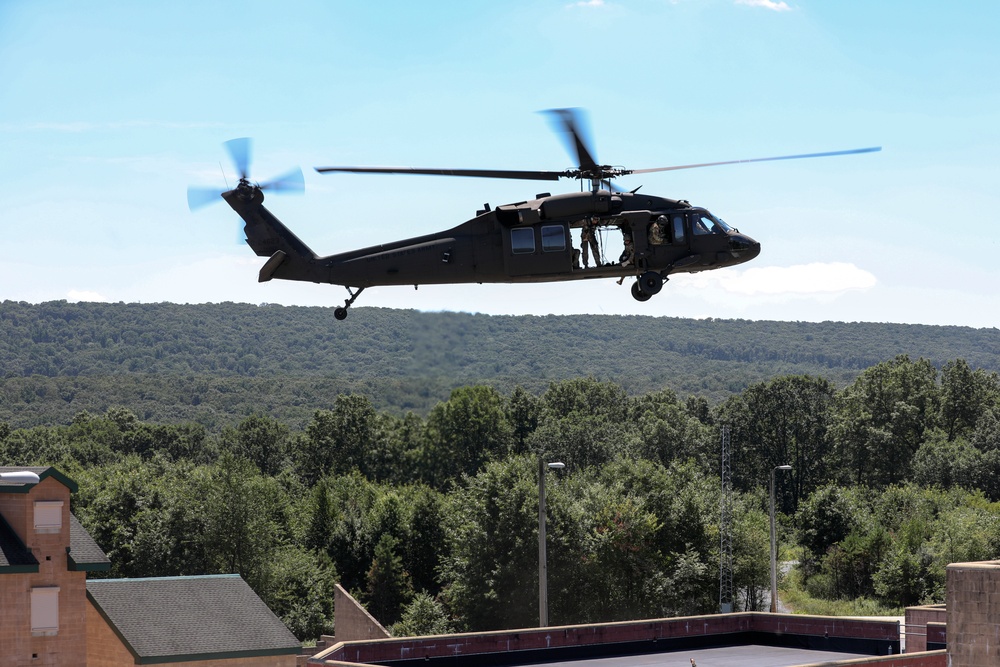 Scouts from the 1/110th Infantry Regiment rappel from a UH-60 Black Hawk during a live fire training exercise.