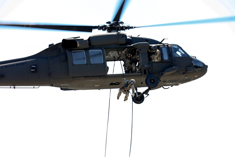 Scouts from the 1/110th Infantry Regiment rappel from a UH-60 Black Hawk during a live fire training exercise.