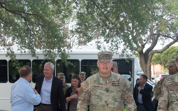 U.S. Air Force Maj. Gen. David Gaedecke, Headquarters Sixteenth Air Force (Air Forces Cyber) Vice Commander, welcomes U.S. Army Lt. Gen. John Evans, U.S. Army North Commanding General and his staff to Sixteenth Air Force (Air Forces Cyber)