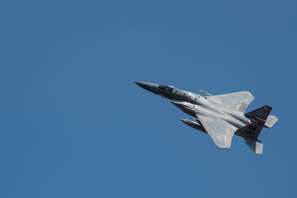 Col. Tom 'Sling' Bladen, prior 104FW commander, flies 'fini-flight'