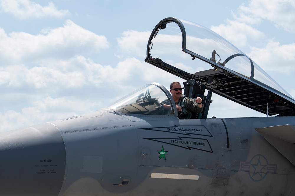 Col. Tom 'Sling' Bladen, prior 104FW commander, flies 'fini-flight'