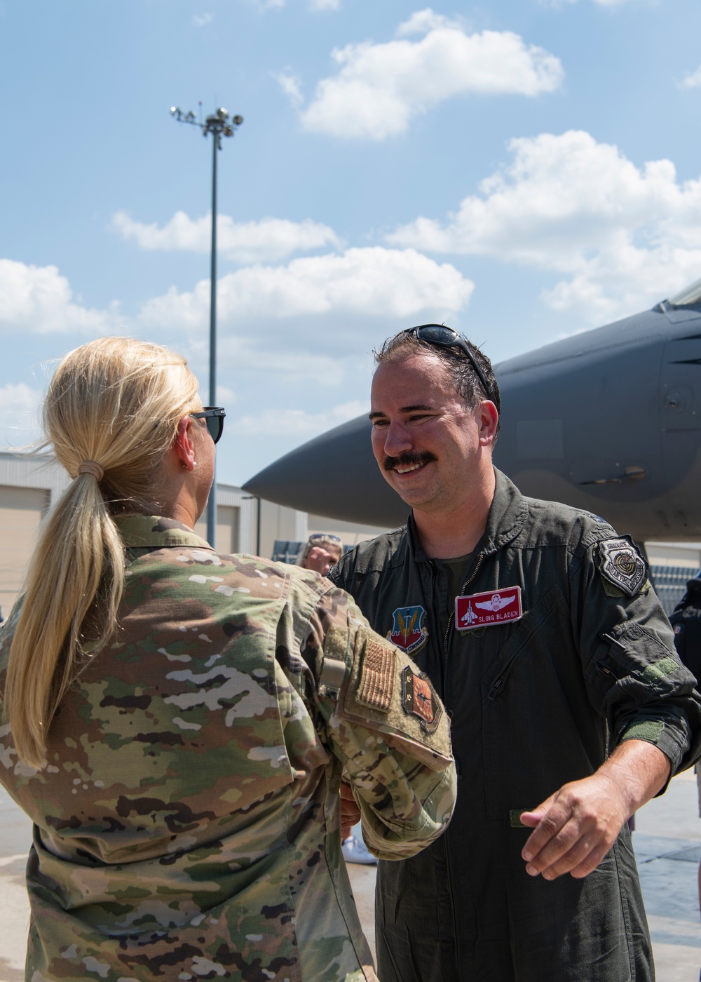 Col. Tom 'Sling' Bladen, prior 104FW commander, flies 'fini-flight'