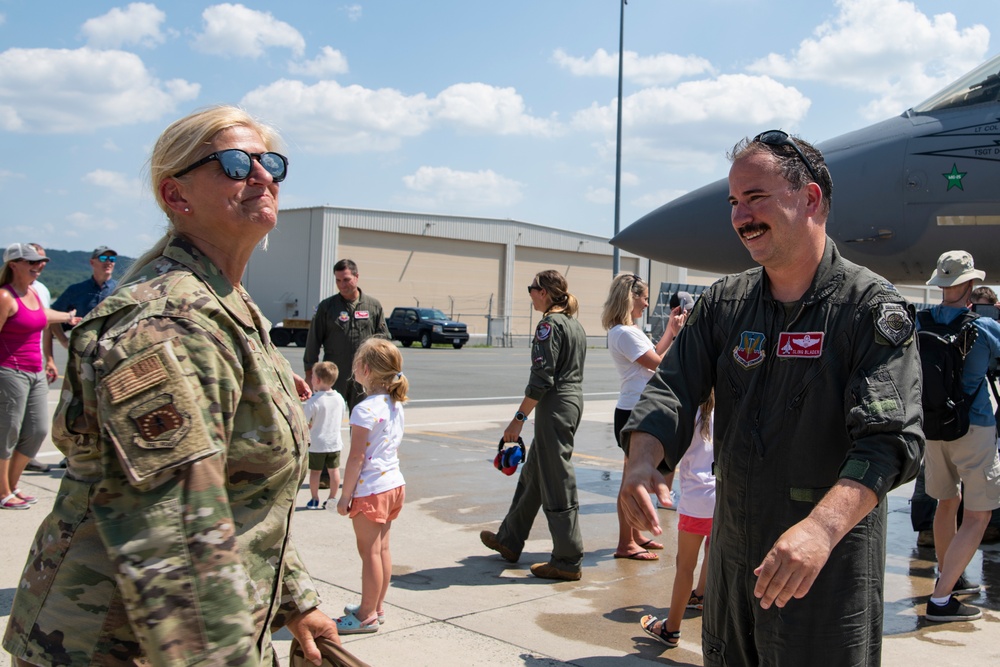 Col. Tom 'Sling' Bladen, prior 104FW commander, flies 'fini-flight'