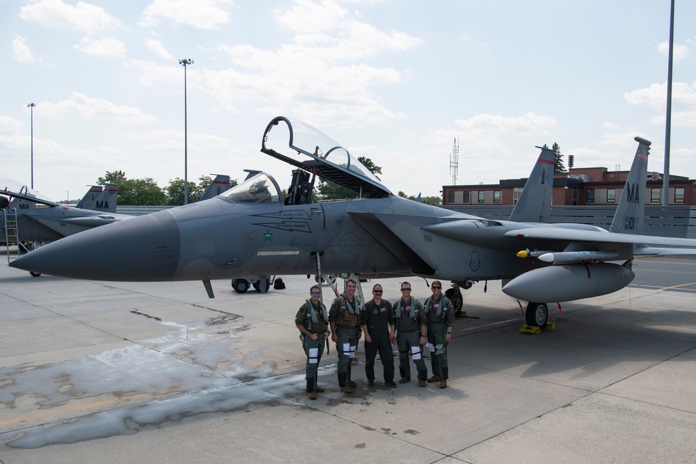 Col. Tom 'Sling' Bladen, prior 104FW commander, flies 'fini-flight'