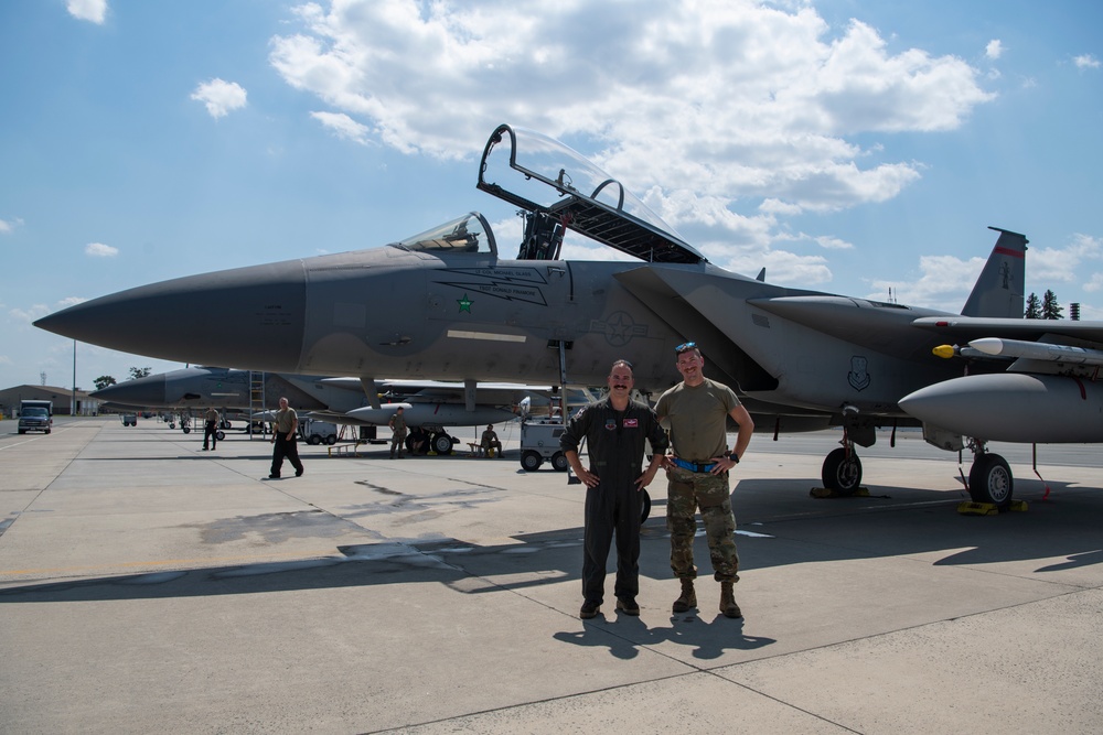 Col. Tom 'Sling' Bladen, prior 104FW commander, flies 'fini-flight'