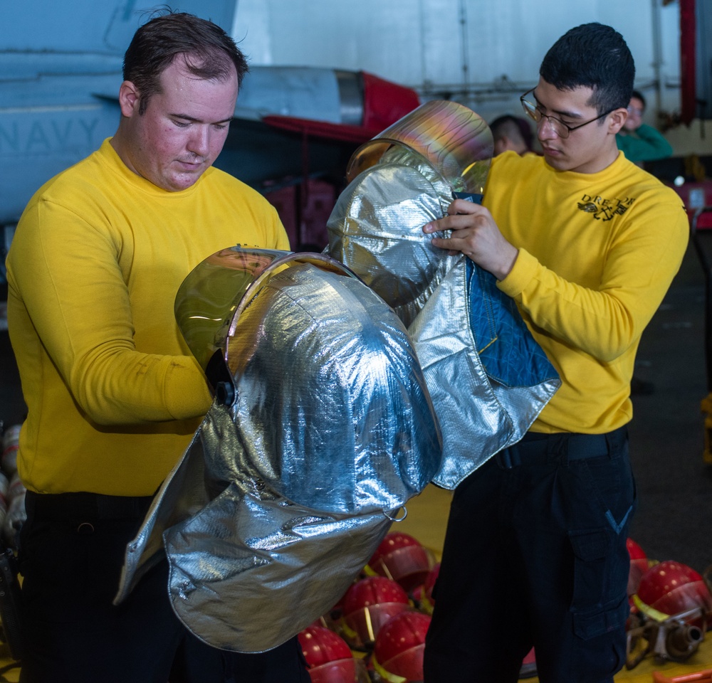 USS Ronald Reagan (CVN 76) Sailors conduct firefighting equipment inspection