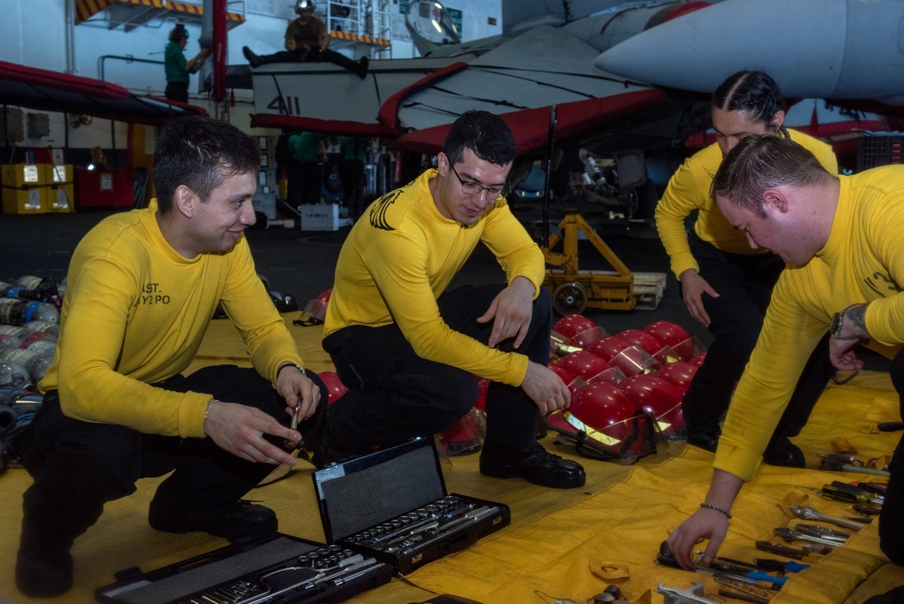 USS Ronald Reagan (CVN 76) Sailors conduct firefighting equipment inspection