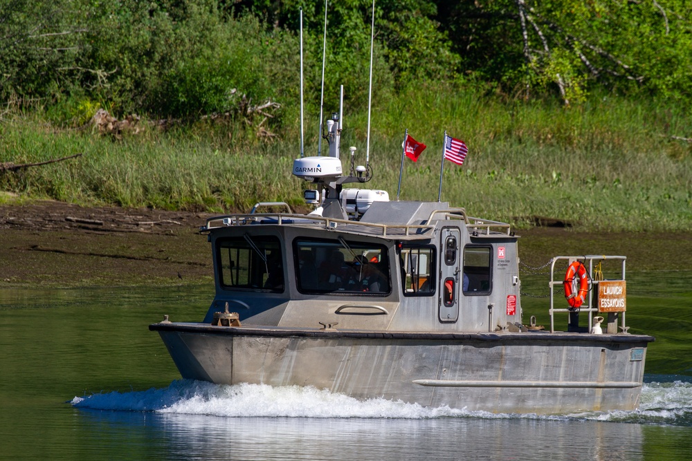 U.S. Army Corps of Engineers Portland districts’ hopper dredge, Essayons, launch boat.